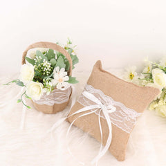 1 Set Natural Burlap and Lace Flower Girl Petal Basket and Ring Bearer Pillow Wedding Set