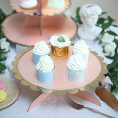 1-Tier Cardboard Cake Stand Blush - Stylish Reusable Cupcake Dessert Holder with Gold Scalloped Rim for Baby Showers Birthdays & Events 13"