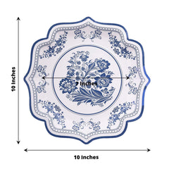 25-Pack Paper Dinner Plates in White Light Blue Damask Floral Print & Scallop Rim - Stylish Disposable 300GSM Floral Party Plates 10"