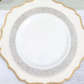 10-Pack Plastic Dinner Plates White with Fancy Silver Lace Rim - Stylish Disposable Plates for Events 10"