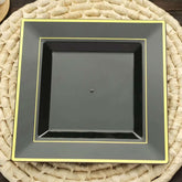 10-Pack Plastic Dinner Plates Black Square with Gold Trim - Lightweight Disposable Plates for Events 10"