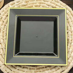 10-Pack Plastic Dinner Plates Black Square with Gold Trim - Lightweight Disposable Plates for Events 10"