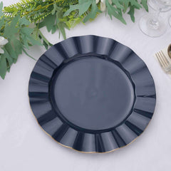10-Pack Plastic 11" Round Dinner Plates in Navy Blue Ruffled Rim with Gold Edging - Sturdy Disposable Dinnerware