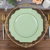 10-Pack Plastic Dinner Plates in Sage Green Baroque Design with Scalloped Gold Rim - Heavy Duty Disposable Party Plates 11"