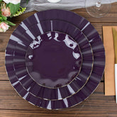 10-Pack Plastic Round 6" Dessert Plates in Purple Ruffled Rim with Gold Edging - Sturdy Disposable Salad Appetizer Dinnerware