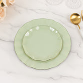 10-Pack Plastic Round 6" Dessert Plates in Sage Green Ruffled Rim with Gold Edging - Sturdy Disposable Salad Appetizer Dinnerware