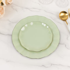 10-Pack Plastic Round 6" Dessert Plates in Sage Green Ruffled Rim with Gold Edging - Sturdy Disposable Salad Appetizer Dinnerware