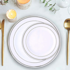 10-Pack Plastic Dessert Plates White with Très Chic Silver Rim - Disposable Plates for Appetizers 6"