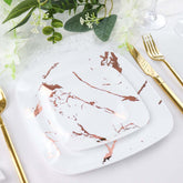 10-Pack Plastic 6" Square Appetizer Snack Plates in White with Rose Gold Marble Design - Disposable Dessert Party Plates for Weddings, Banquets & Special Events