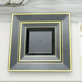10-Pack Plastic Salad Dessert Plates Black Square with Gold Trim - Durable Disposable Appetizer Plates 7"