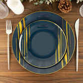 10-Pack Plastic 7" Round Dessert Plates in Navy Blue with Gold Brush Stroked Print - Disposable Appetizer Salad Plates