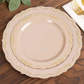 10-Pack Plastic 7" Round Dessert Plates in Taupe with Gold Vintage Embossed Rim - Sturdy Disposable Scalloped Edge Salad Plates