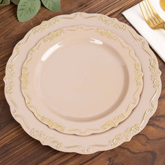 10-Pack Plastic 7" Round Dessert Plates in Taupe with Gold Vintage Embossed Rim - Sturdy Disposable Scalloped Edge Salad Plates