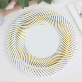 10-Pack Plastic 7" Round Dessert Plates in White with Gold Swirl Rim - Disposable Salad Plates for Classy Events & Banquets