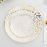 10-Pack Plastic 7" Round Dessert Plates in White with Gold Wave Brush Strokes Pattern - Disposable Appetizer Salad Plates for Modern & Classy Table Decor