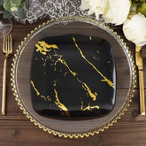 10-Pack Plastic 8" Square Dessert Plates in Black with Gold Marble Design - Disposable Appetizer Salad Party Plates