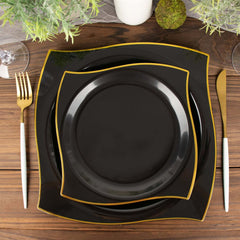 10-Pack Plastic 8" Square Dessert Plates in Black with Gold Wavy Rim Modern - Disposable Salad Appetizer Party Plates