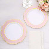 10-Pack Plastic 8" Round Dessert Plates in White with Blush Blossom Design & Gold Edging - Disposable Salad Appetizer Plates