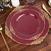 10-Pack Plastic 8" Round Dessert Plates in Burgundy with Gold Leaf Embossed Rim - Disposable Vintage Baroque Style Salad Plates for Luxurious Gatherings & Events