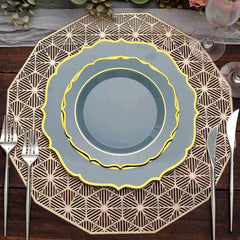 10-Pack Plastic 8" Round Desert Plates in Dusty Blue with Gold Scalloped Rim - Disposable Appetizer/Salad Plates