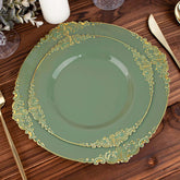 10-Pack Plastic 8" Round Dessert Plates in Dusty Sage Green with Gold Leaf Embossed Rim - Disposable Vintage Baroque Style Salad Plates