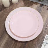 10-Pack Plastic 8" Round Dessert Plates in Blush with Gold Rim - Glossy Disposable Appetizer Salad Plates