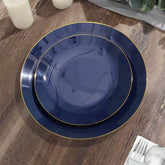 10-Pack Plastic 8" Round Dessert Plates in Navy Blue with Gold Rim - Glossy Disposable Appetizer Salad Plates