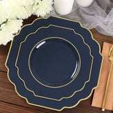 10 Pack 8" Navy Blue Hard Plastic Dessert Appetizer Plates, Disposable Tableware, Baroque Heavy Duty Salad Plates with Gold Rim