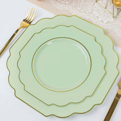 10-Pack Plastic Dessert Appetizer Plates in Sage Green Baroque Design with Scalloped Gold Rim - Heavy Duty Disposable Salad Plates 8"