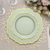 10-Pack Plastic 8" Round Desert Plates in Sage Green with Gold Scalloped Rim - Disposable Appetizer/Salad Plates