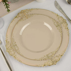 10-Pack Plastic 8" Round Dessert Plates in Taupe with Gold Leaf Embossed Rim - Disposable Vintage Baroque Style Salad Plates