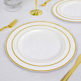 10-Pack Plastic Dessert Plates Ivory with Très Chic Gold Rim - Disposable Plates for Parties 8"