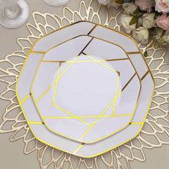 10-Pack Plastic 8" Octagon Dessert Plates in White - Modern Disposable Salad/Appetizer Plates with Gold Geometric Design for Special Occasions & Celebrations