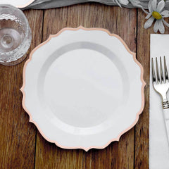 10-Pack Plastic 8" Round Desert Plates in White with Rose Gold Scalloped Rim - Disposable Appetizer/Salad Plates