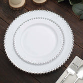 10-Pack White Plastic Dessert Plates – 8" Round with Silver Beaded Rim, Disposable for Parties & Events