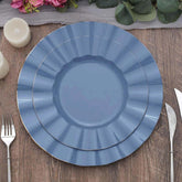 10-Pack Plastic 9" Round Dinner Plates in Ocean Blue Ruffled Rim with Gold Edging - Sturdy Disposable Dinnerware