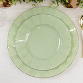 10-Pack Plastic 9" Round Dinner Plates in Sage Green Ruffled Rim with Gold Edging - Sturdy Disposable Dinnerware