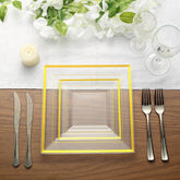 10-Pack Plastic Salad Dessert Plates Clear Square with Gold Trim - Durable Disposable Appetizer Plates 7"