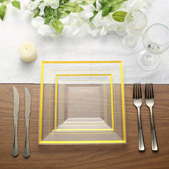 10-Pack Plastic Salad Dessert Plates Clear Square with Gold Trim - Durable Disposable Appetizer Plates 7"