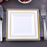 10-Pack Plastic Salad Dessert Plates White Square with Gold Trim - Durable Disposable Appetizer Plates 7"