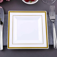 10-Pack Plastic Salad Dessert Plates White Square with Gold Trim - Durable Disposable Appetizer Plates 7"