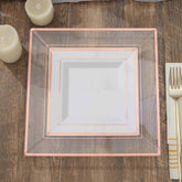 10-Pack Plastic Salad Dessert Plates White Square with Rose Gold Trim - Durable Disposable Appetizer Plates 7"