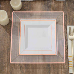 10-Pack Plastic Salad Dessert Plates White Square with Rose Gold Trim - Durable Disposable Appetizer Plates 7"