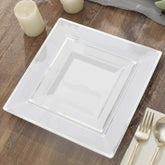 10-Pack Plastic Salad Dessert Plates White Square with Silver Trim - Durable Disposable Appetizer Plates 7"