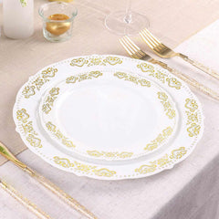 10-Pack Plastic 7.5" Round Appetizer Plates in White with Gold Embossed Scalloped Edge - Chic Disposable Salad Plates for Special Occasions & Banquets