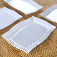 10-Pack Serving Plates Rectangular Design with Wave Trimmed Rim Glossy White - Plastic Disposable Event Plates 12"