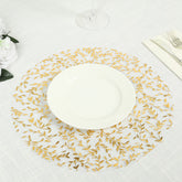 10-Pack Table Placemats Gold Foil Leaf Vine Design White Round - Organza Disposable Floral Mats 13"