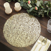10-Pack Table Placemats Sequin Design Metallic Gold Round - Mesh Disposable Dust-Free Dining Mats 13"