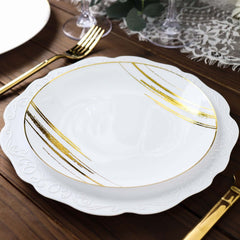 10-Pack Plastic 7" Round Dessert Plates in White with Gold Brush Stroked Print - Disposable Appetizer Salad Plates