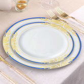 10-Pack Plastic 8" Round Dessert Plates in White with Royal Blue Rim - Stylish Gold Vine Design Disposable Salad/Appetizer Plates for Special Occasions & Celebrations